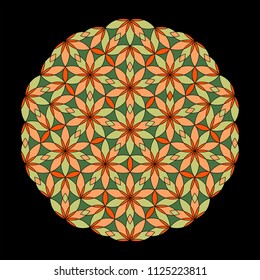 Flower Pattern. Colorful mandala. Circular ornament. Design for print on silk neck scarf, kerchief, pillow, bandana, carpet. Coloring book page.