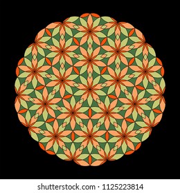 Flower Pattern. Colorful mandala. Circular ornament. Design for print on silk neck scarf, kerchief, pillow, bandana, carpet. Coloring book page.