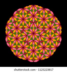 Flower Pattern. Colorful mandala. Circular ornament. Design for print on silk neck scarf, kerchief, pillow, bandana, carpet. Coloring book page.