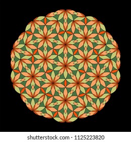 Flower Pattern. Colorful mandala. Circular ornament. Design for print on silk neck scarf, kerchief, pillow, bandana, carpet. Coloring book page.