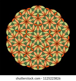 Flower Pattern. Colorful mandala. Circular ornament. Design for print on silk neck scarf, kerchief, pillow, bandana, carpet. Coloring book page.