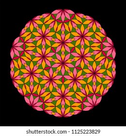 Flower Pattern. Colorful mandala. Circular ornament. Design for print on silk neck scarf, kerchief, pillow, bandana, carpet. Coloring book page.