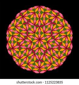 Flower Pattern. Colorful mandala. Circular ornament. Design for print on silk neck scarf, kerchief, pillow, bandana, carpet. Coloring book page.