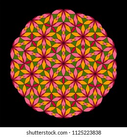 Flower Pattern. Colorful mandala. Circular ornament. Design for print on silk neck scarf, kerchief, pillow, bandana, carpet. Coloring book page.