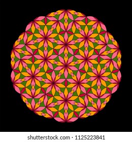 Flower Pattern. Colorful mandala. Circular ornament. Design for print on silk neck scarf, kerchief, pillow, bandana, carpet. Coloring book page.