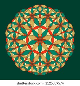 Flower Pattern. Colorful mandala. Circular ornament. Design for print on silk neck scarf, kerchief, pillow, bandana, carpet. Coloring book page.