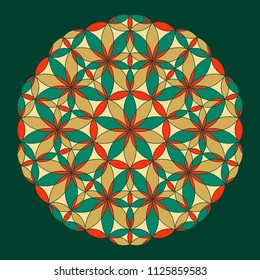 Flower Pattern. Colorful mandala. Circular ornament. Design for print on silk neck scarf, kerchief, pillow, bandana, carpet. Coloring book page.