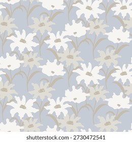 Flower pattern cream blue muted background with meadow flowers. Farmhouse neutral backdrop