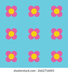 Flower pattern created from neon pink and yellow circles on a neon blue background