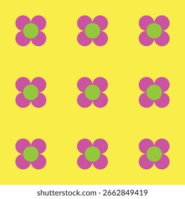 Patrón de flores creado a partir de círculos de color rosa neón y verde sobre un fondo amarillo neón