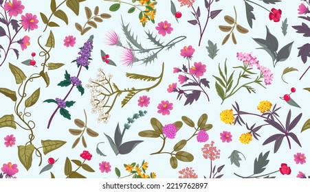 Flower pattern, cute doodle leaf. Dandelion plants, summer or spring nature, floral exact forest, garden fields, boho botany background. Vector seamless print, flat exact illustration