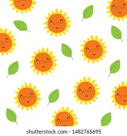 Flower pattern with cute smiling sunflower illustration