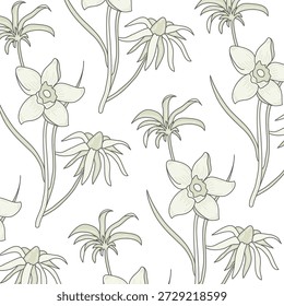 Patrón de flores con flor de narciso y flor de flores silvestres, contorno dibujado a mano y eclosión suave en la repetición. Símbolo de la primavera, la Renovación, y la decoración de la naturaleza para la materia textil. Ilustración vectorial de dibujos animados.