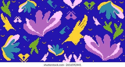Flower pattern design of bright pixel art style. Concept of hand-made abstract geometric floral shape, tropical, botany, modern, art for clothing, fashion, print, wallpaper, wrapping, decor, texture.