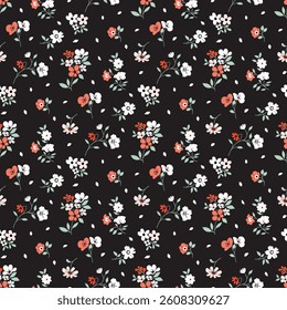 Flower pattern, ditsy flower, ditsy floral seamless pattern, small flower in dark background, tiny floral print, cute, print, liberty style, repeat pattern design for fashion, fabric, wrapping, decor