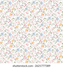 Flower pattern. Ditsy floral seamless pattern. Small little flower background. Repeat pattern. Ditsy print. Botanic surface design. Hand draw floral flower pattern for fashion, fabric, wrapping, decor