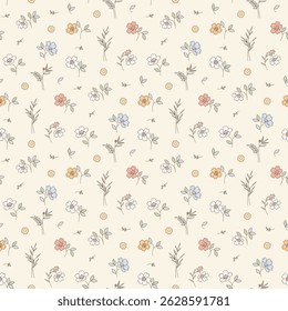 Flower pattern, ditsy floral seamless pattern. Small little flower on light  background. Repeat pattern. Ditsy print. Botanic surface design. Ditsy floral flower pattern for fashion, fabric, wrapping