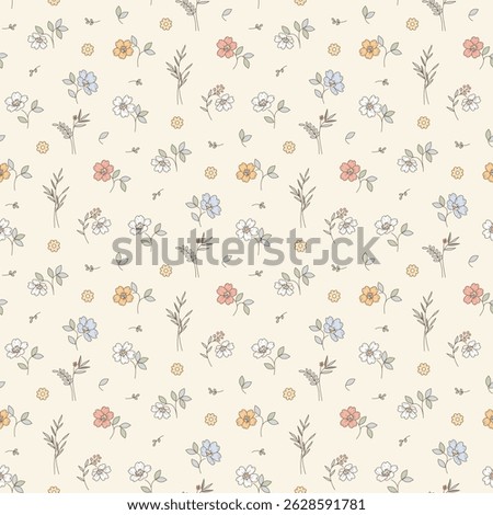 Flower pattern, ditsy floral seamless pattern. Small little flower on light  background. Repeat pattern. Ditsy print. Botanic surface design. Ditsy floral flower pattern for fashion, fabric, wrapping