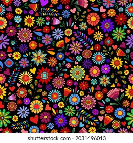 Flower pattern. Doodle flowers on dark backdrop. Colorful flower Day of the dead background. Floral ornament. Dia de los muertos print. Color botanical elements on black.