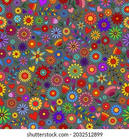 Flower pattern. Doodle flowers on dark backdrop. Colorful flower Day of the dead background. Floral ornament. Dia de los muertos print. Color botanical elements on black.