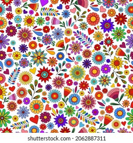 Flower pattern. Doodle flowers on dark backdrop. Colorful flower Day of the dead background. Floral ornament. Dia de los muertos print. Color botanical elements on black.