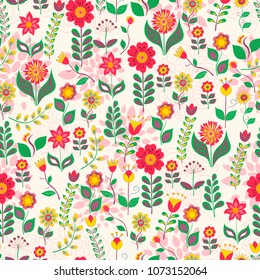 Flower pattern, doodle style imitation. Decorative beautiful floral texture with flowers leaves and abstract figures on light yellow background, country style.