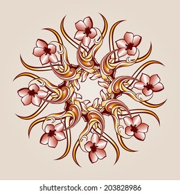 Flower pattern element  of brown henna on the beige background