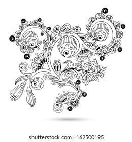 Flower pattern engraving scroll motif for vintage design card vector isolated on the white background. Black and white version.