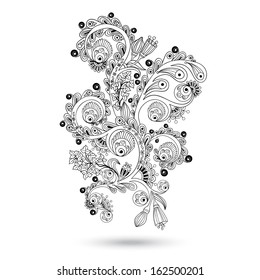 Flower pattern engraving scroll motif for vintage design card vector isolated on the white background. Black and white version.