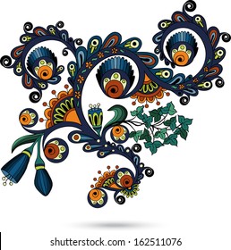 Flower pattern engraving scroll motif for vintage design card vector. Colored version.
