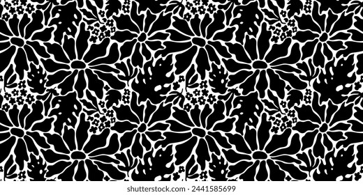 Patrón de flores. Fondo sin costuras abstracto floral. Groovy retro funky flor vector patrón. Diseño en forma de margarita con silueta matisse negra. Gráfico y2k moderno. Fondo floral estético orgánico