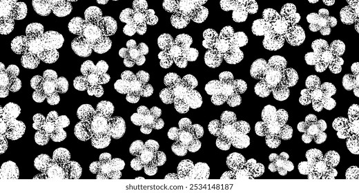 Flower pattern. Floral crayon childish brush seamless bg. Simple black chalkboard with abstract hand drawn flower. Background with white chalk floral print. Vector daisy illustration. Botanical crayon