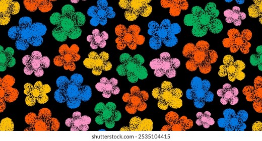 Flower pattern. Floral crayon childish brush seamless bg. Simple black chalkboard with color abstract hand drawn flower. Background with red green blue chalk floral print. Vector crayon illustration