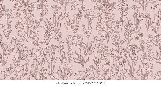 Flower pattern. Floral drawing background, bell and peony, herb leaf. Garden art, beautiful classic fabric design. Spring rose and tulip. Surface ink line old style. Vector seamless garish wallpaper