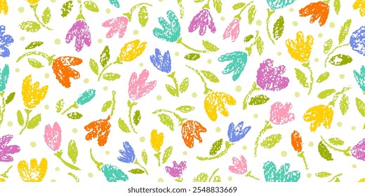 Flower pattern. Floral seamless background. Simple spring tulip. Crayon abstract vector hand drawn illustration. Easter spring floral pattern. Chalk crayon doodle print. Simple flower brush design bg