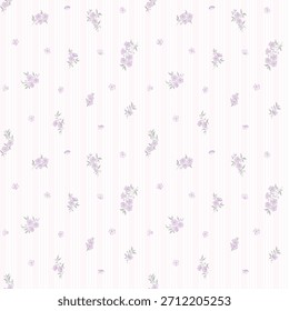Flower pattern, floral seamless pattern, cottagecore ditsy tile print, sakura flower on stripe background. Small purple flower blossom, light tone design for fashion, texture, fabric, wallpaper