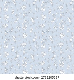 Padrão de flor, padrão floral sem emenda, impressão de azulejo cottagecore ditsy, flor sakura no fundo azul. Flor branca pequena flor, design de estilo de tom azul para moda, textura, tecido, papel de parede