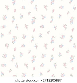 Blumenmuster, florales, nahtloses Muster, ditsy Kacheldruck im Cottagecore, Sakura-Blume auf hellem Hintergrund. Kleine blau-rosa Blüte, süßer Ton Design für Mode, Textur, Stoff, Tapete