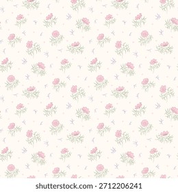 Flower pattern, floral seamless pattern, cottagecore ditsy floral print, daisy vintage flower on light background. Small meadow flower, pink tone style design for fashion, texture, fabric, wallpaper