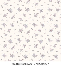 Flower pattern, floral seamless pattern, cottagecore ditsy tile print, gentle vintage flower on light background. Small meadow flower, light tone style design for fashion, texture, fabric, wallpaper