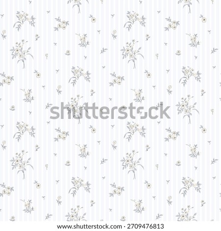 Flower pattern, floral seamless pattern, cottagecore ditsy print, gentle meadow flower on stripe background. Small hand drawn flower, blue tone style design for fashion, texture, fabric, wallpaper