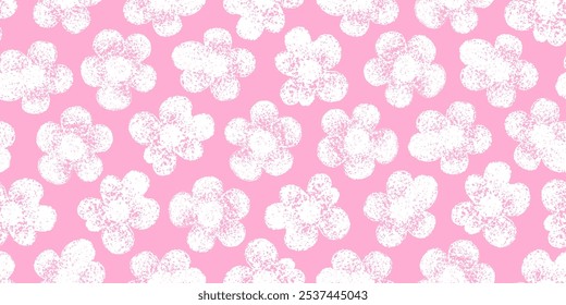 Blumenmuster. Blumennahtloser rosafarbener Vektorhintergrund. Stift Feder einfaches Druckmuster. Kreideblume, abstrakte süße Pastellfarben Sommer-Design. Wachsbleistift, moderner Kinderhintergrund. Blumenrosa Buntstifte bg