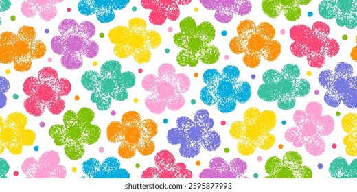 Flower pattern. Floral seamless pink vector background. Crayon spring simple print pattern. Chalk flower, abstract cute pastel summer design. Wax pencil modern child background. Floral pink crayon bg