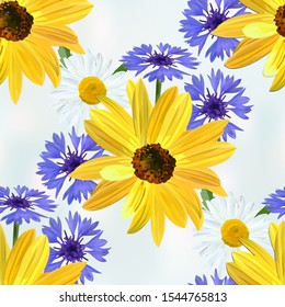 Flower pattern, flowers of sunflower,  chamomile, blue cornflower on light blue abstract background, seamless texture, vector.