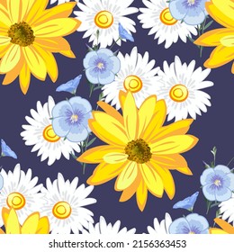 Flower pattern, flowers of sunflower,  chamomile, flax, flowers and blossoms linen close up on dark blue background, seamless texture, EPS 10, vector