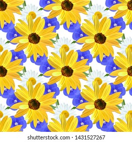 Flower pattern, flowers of sunflower, flax, chamomile, seamless texture, vector.