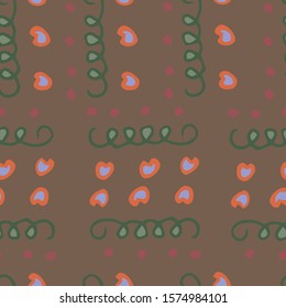 Flower pattern. Foliage and orange-blue flowers in the form of hearts are located against a brown background. In front of the foliage is a decor line in the form of balls.

