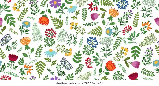 Flower pattern. Forest flower illustration. Hand drawn flowers print. Spring background. Floral print. Forest nature seamless pattern background. Colorful floral backdrop. Flower ornament wallpaper. Forest berries, flowers, leaves. Plant backdrop. Hand drawn flat flower.
