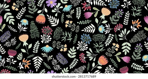 Flower pattern. Forest flower illustration. Hand drawn flowers print. Spring background. Floral print. Forest nature seamless pattern background. Colorful floral backdrop. Flower ornament wallpaper. Forest berries, flowers, leaves. Plant backdrop. Hand drawn flat flower.