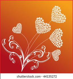 Flower pattern in the form of hearts on an orange background